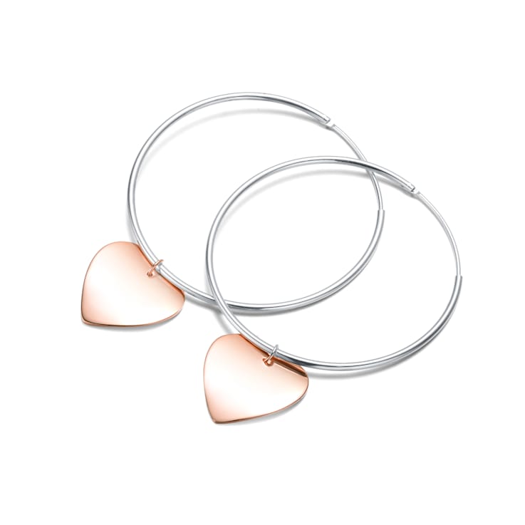 Two-Tone Heart Dangle Hoop Earrings In Sterling Silver And 18K Rose Gold
Over Sterling Silver