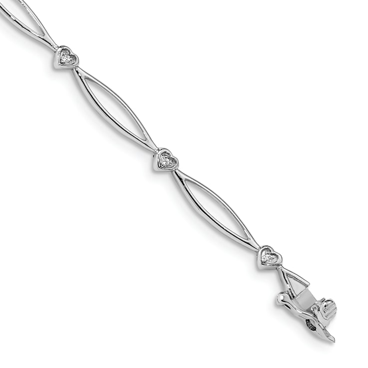 Rhodium Over 14k White Gold Diamond Heart and Oval Link Bracelet
