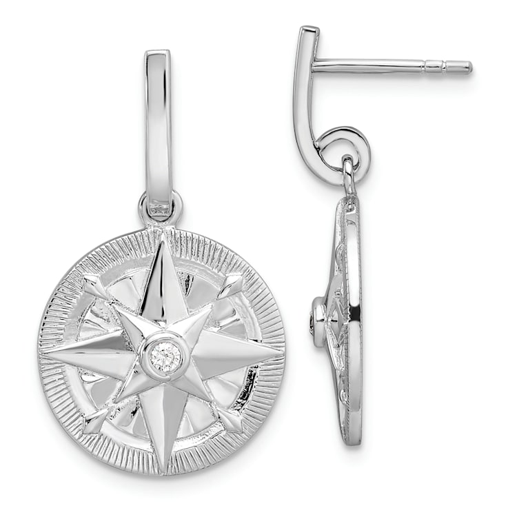 Rhodium Over Sterling Silver Polished Cubic Zirconia Compass Dangle Post Earrings