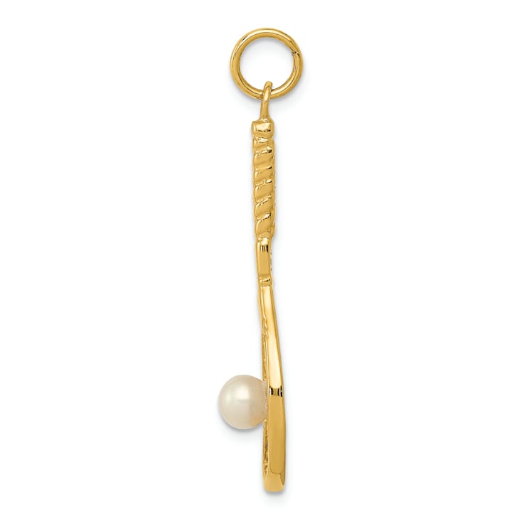 14k Yellow Gold Textured Tennis Racquet with Freshwater Pearl Charm