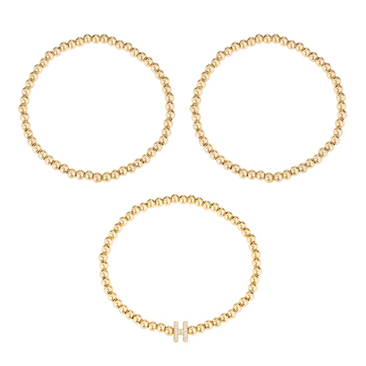 Initial H CZ Beaded Bracelet Set In 14K Gold Over Brass 0.15ctw