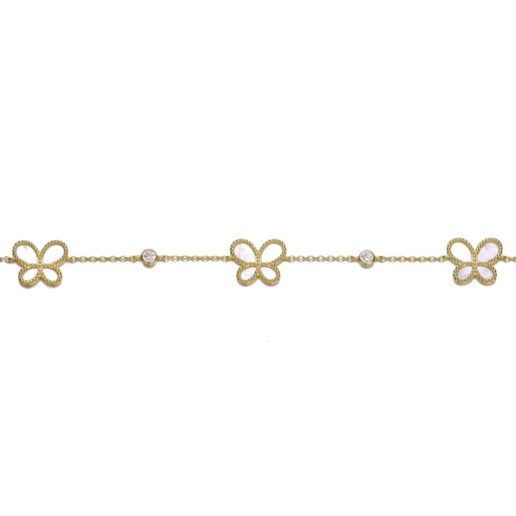 White Mother-Of-Pearl Butterfly Link Bracelet In 14K Gold Over Sterling Silver
