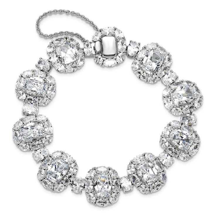 Rhodium Over Sterling Silver Polished Fancy Cubic Zirconia Halo Cluster Bracelet