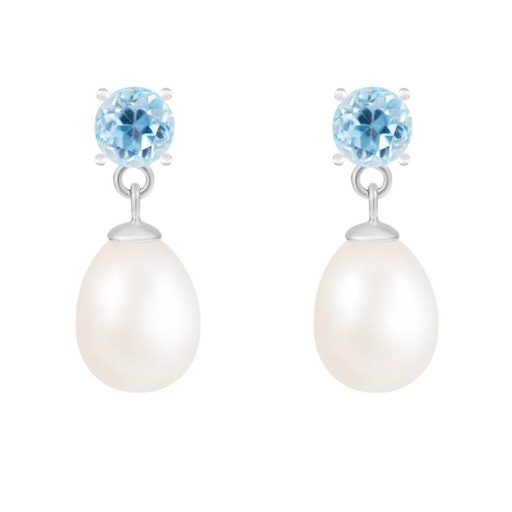 White Freshwater Pearl And Blue Topaz Dangle Earrings In Sterling Silver