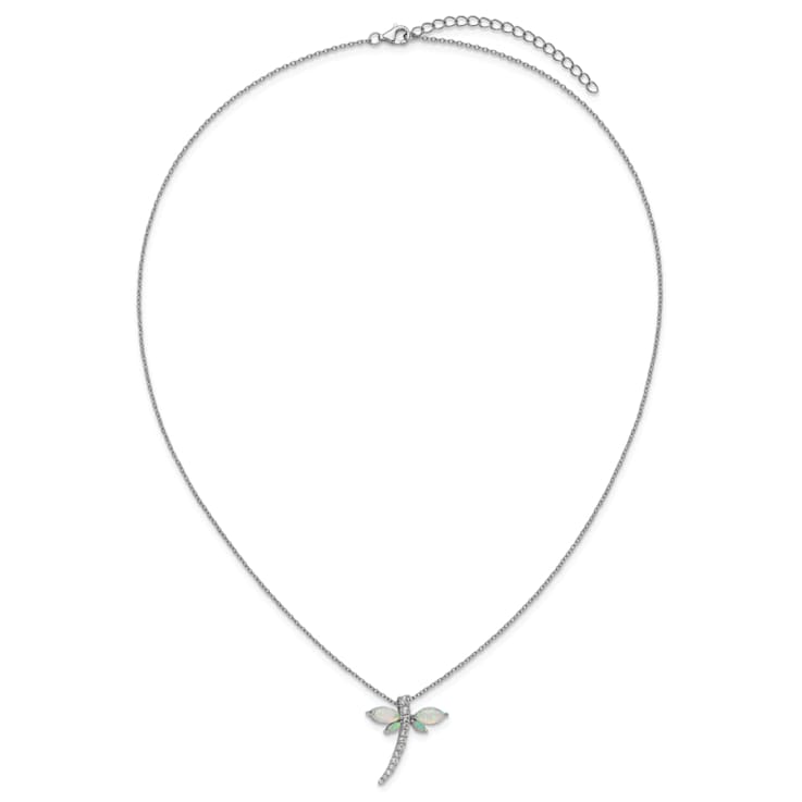 Rhodium Over Sterling Silver Lab Created Opal and Cubic Zirconia Dragonfly