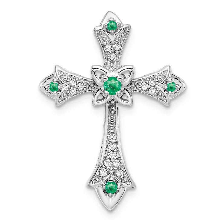 Rhodium Over 14k White Gold Emerald and Diamond Fleur de Lis Cross Chain
Slide Pendant