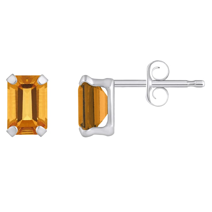 6x4mm Emerald Cut Citrine Rhodium Over 10k White Gold Stud Earrings