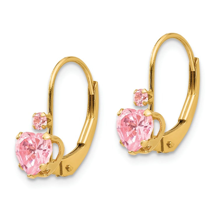 14K Yellow Gold Pink Cubic Zirconia Heart Dangle Earrings