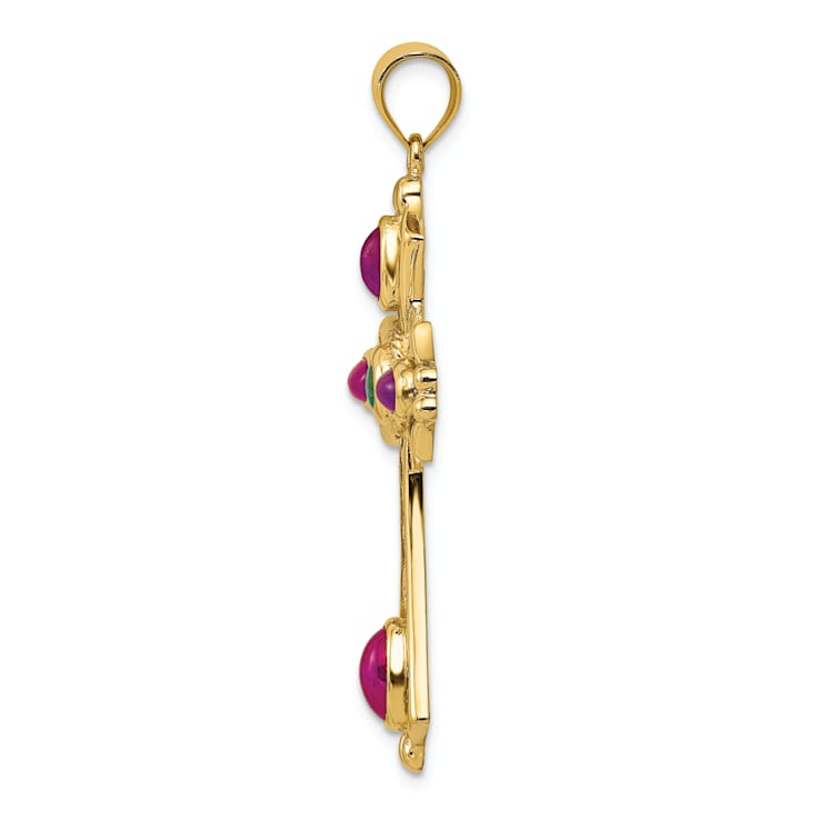 14k Yellow Gold Textured Ruby and Emerald Cabochon Cross Pendant