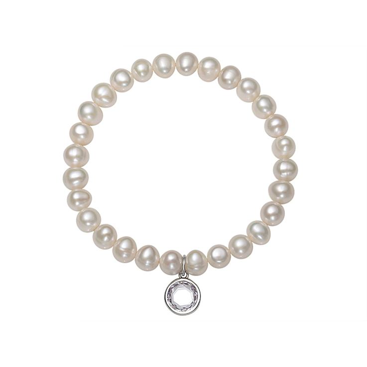 Freshwater Pearl And CZ Charm Stretch Bracelet In Sterling Silver