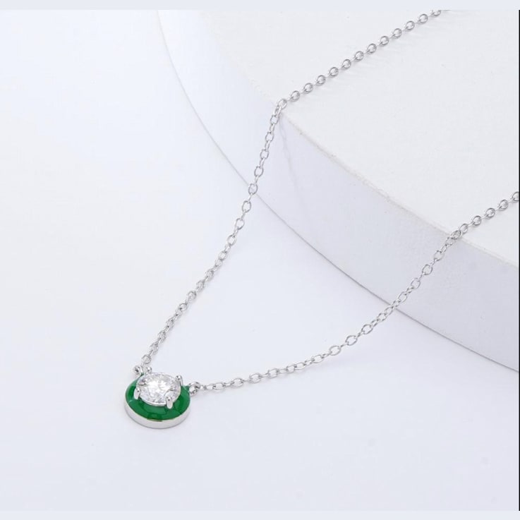 Moissanite Solitaire Rhodium Over Sterling Silver Necklace With Green Enamel