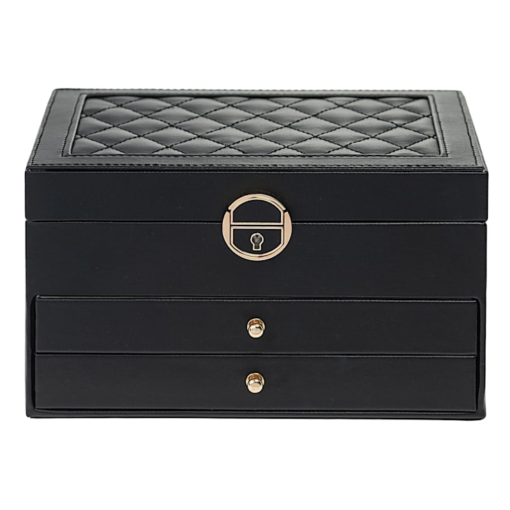 Lockable Black Faux Leather Jewelry Box with 2 Drawers and Lid Storage