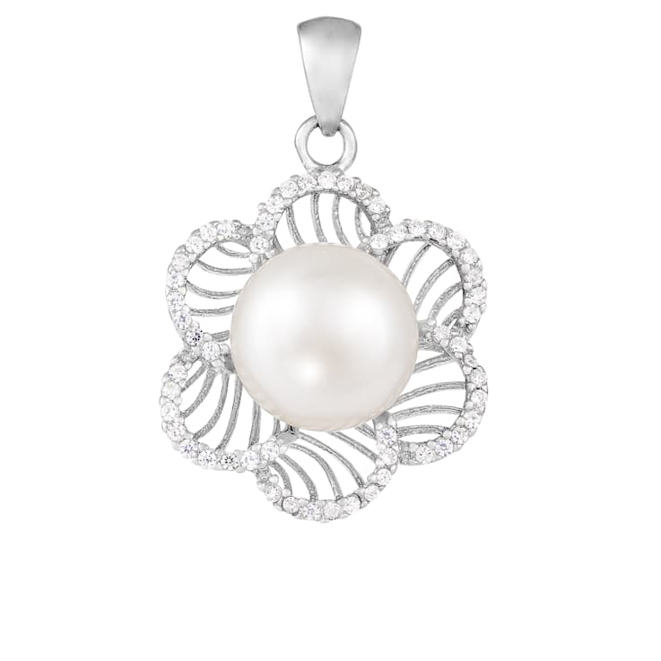 9-10mm Button White Cultured Freshwater Pearl and CZ Rhodium Over
Sterling Silver Pendant