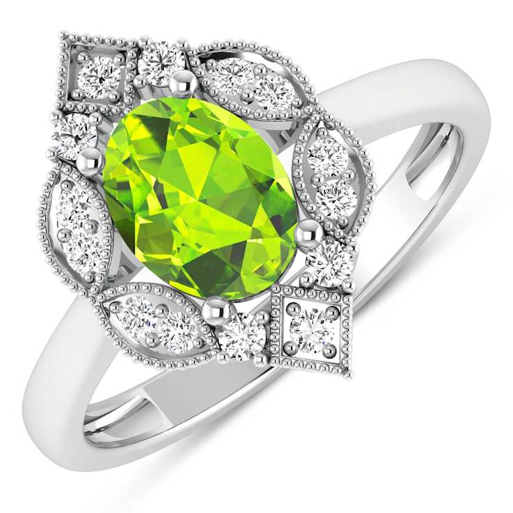 1.25ctw Green Peridot and Diamond 14K White Gold Halo Ring