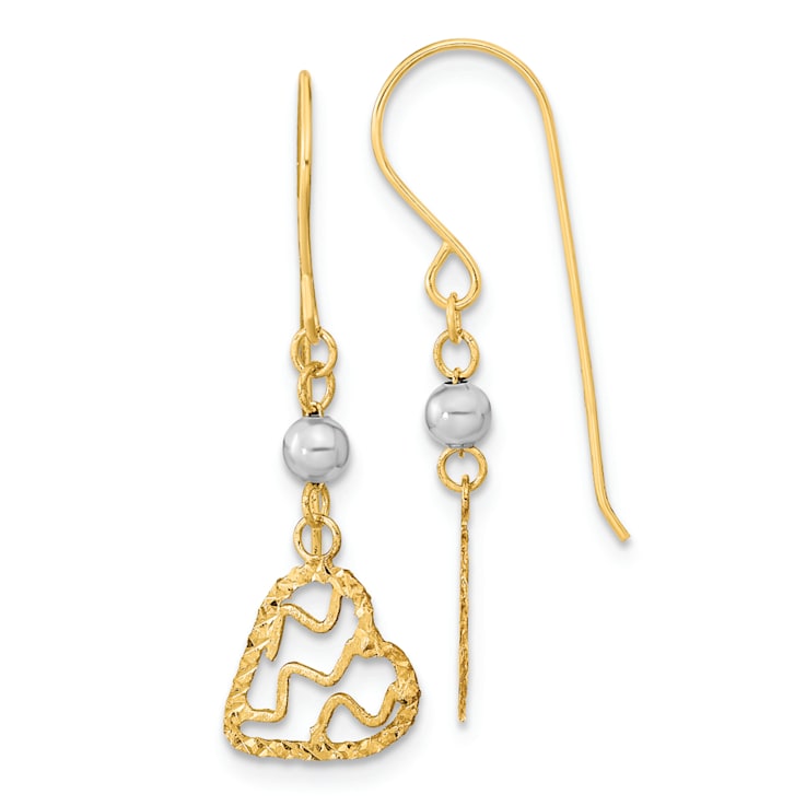 14K Two-tone Gold Satin and Diamond-Cut Heart Dangle Earrings