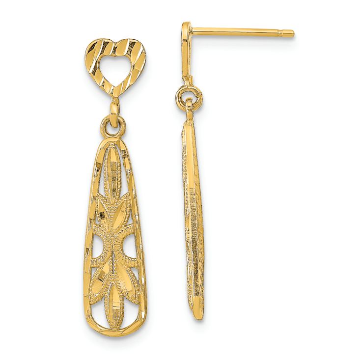 14k Yellow Gold Diamond-Cut Teardrop Heart Dangle Earrings