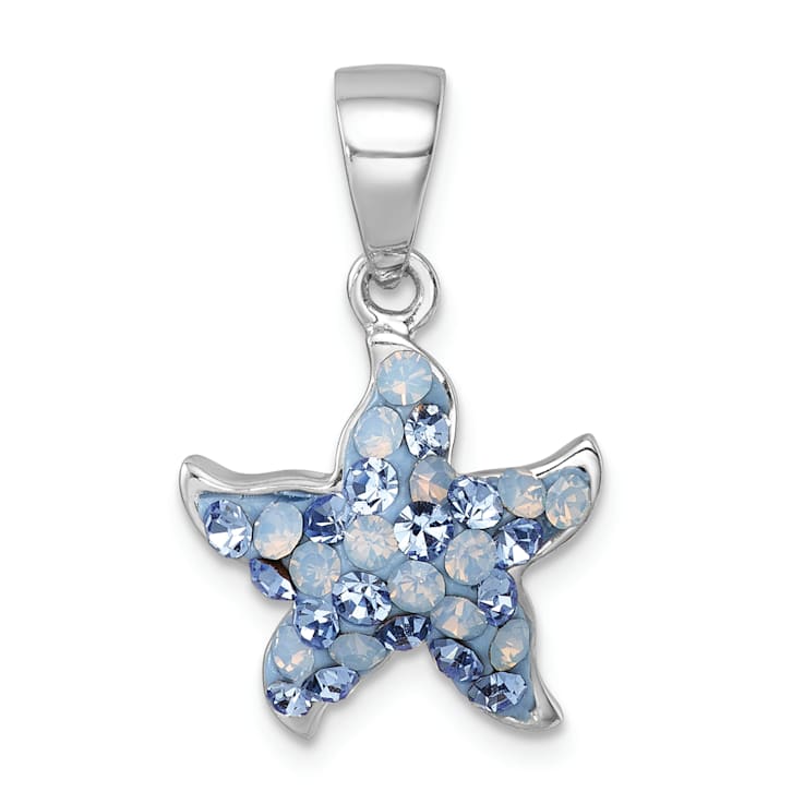 Rhodium Over Sterling Silver Polished Blue Crystal Starfish Pendant