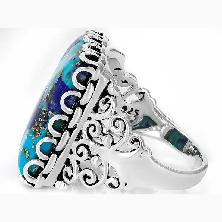 Blended Turquoise And Lapis Lazuli Solitaire Ring In Oxidized Sterling Silver