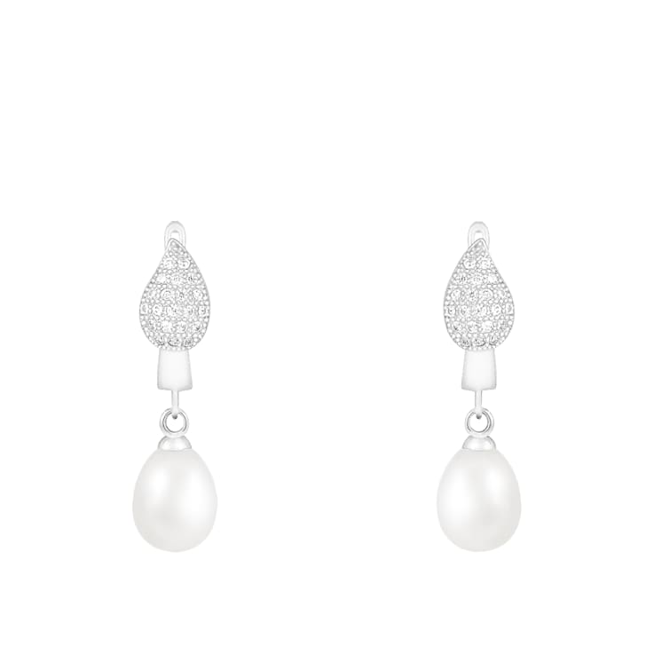 8-8.5mm White Cultured Freshwater Pearl Rhodium Over Sterling Silver Earrings