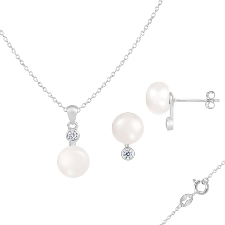 8-8½mm Button White Freshwater Pearl and CZ Rhodium Over Sterling
Earring and Pendant W/Chain Set