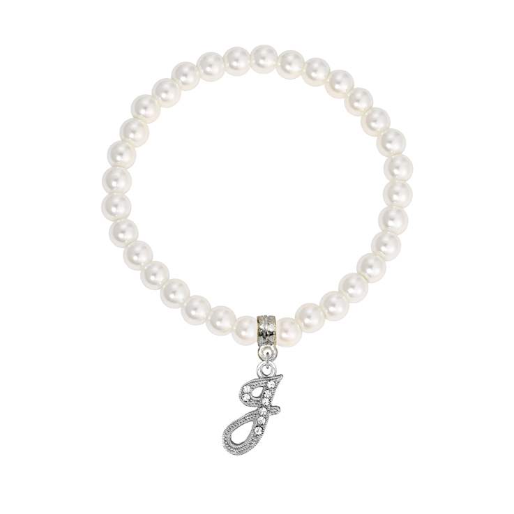 White Faux Pearl Bead Initial Charm Stretch Bracelet