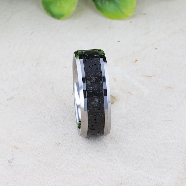 KILAUEA Men’s Polished Tungsten Wedding Band with Lava Rock Stone Inlay
w/Polished Beveled Edges 8mm