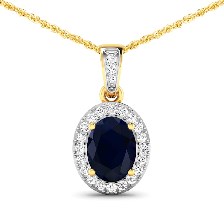 1.30ctw 14K Yellow Gold Blue Sapphire and White Diamond Pendant with 18
inch Cable Chain
