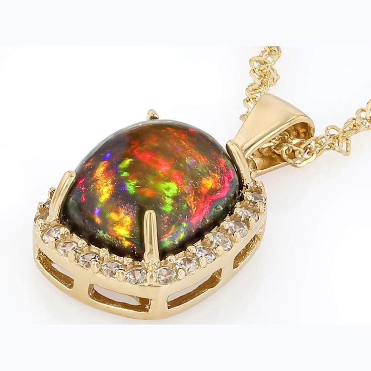 Black Opal And White Zircon Pendant Necklace In 18K Gold Over Sterling
Silver 2.25ctw