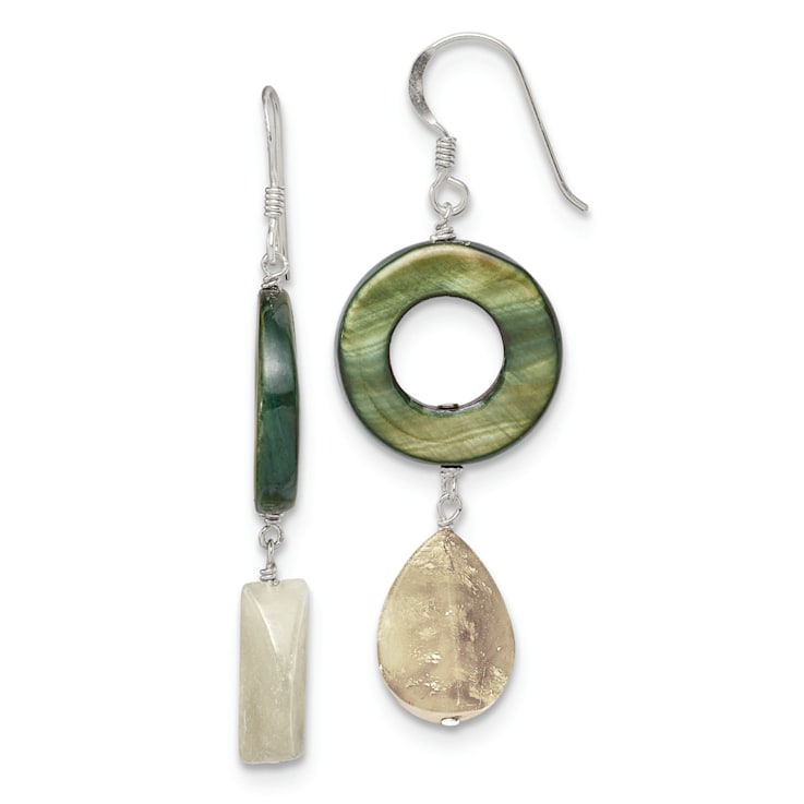 Sterling Silver Polished Jadeite and Green Mother of Pearl Dangle Earrings