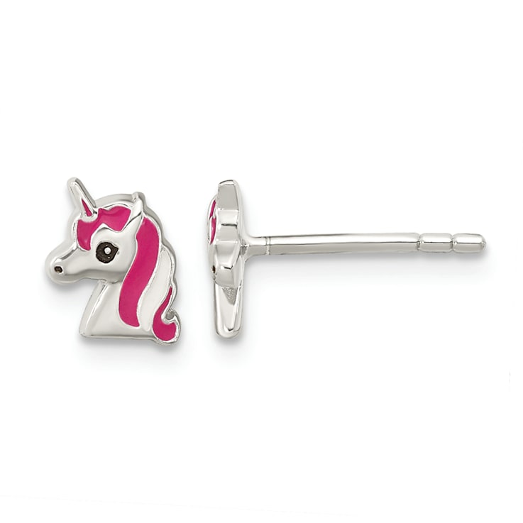 Rhodium Over Sterling Silver Pink Enamel Unicorn Head Childs Post Earrings