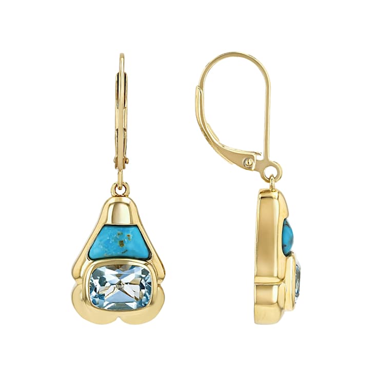 Blue Topaz And Inlay Turquoise Dangle Earrings In 18K Gold Over Sterling
Silver 2.89ctw