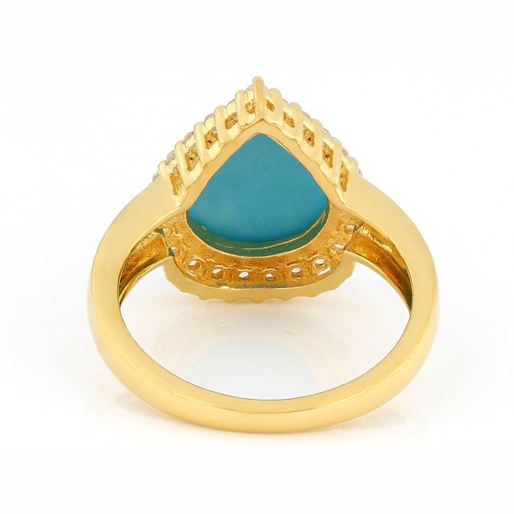 Turquoise Pear And White Zircon Ring In 18K Gold Over Sterling Silver 0.41ctw