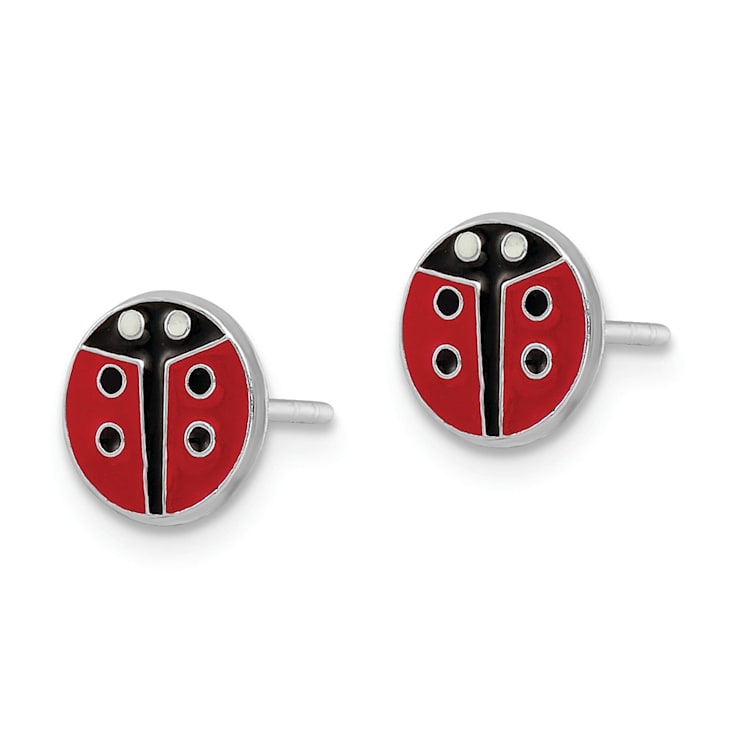 Rhodium Over Sterling Silver Enamel Ladybug Children's Post Earrings