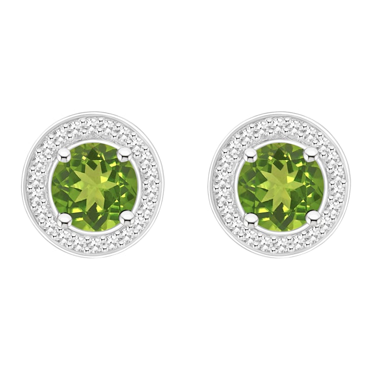 6mm Round Peridot 1/5 ctw Diamond Rhodium Over Sterling Silver Halo Stud Earrings