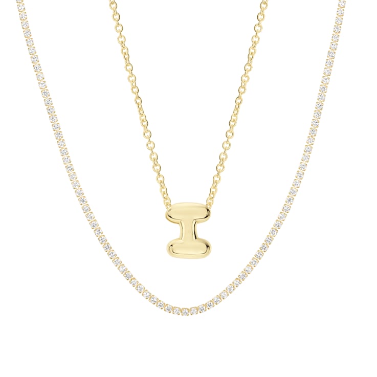 CZ Initial I Tennis Necklace And Pendant Set In 14K Gold Over Brass 4.05ctw
