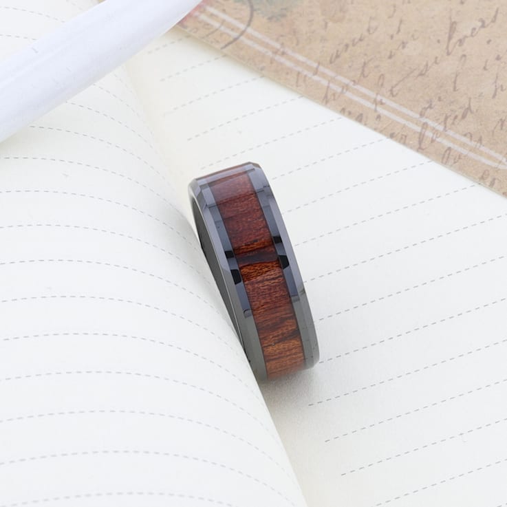 BENNY Black Ceramic Polished Beveled Edges Men’s Wedding Band with
Bubinga Wood Inlay 8mm
