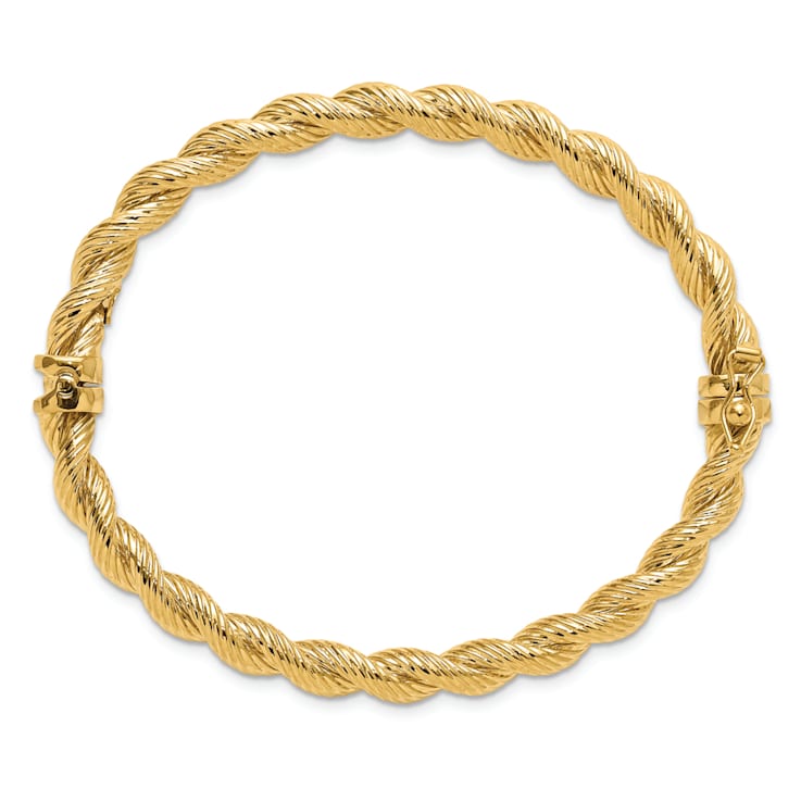 14K Yellow Gold Polished and Textured Twisted Hinged Bangle
