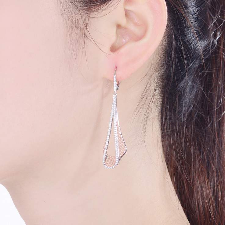 Pave CZ Linear Drop Earrings In 18K Rose Gold Over Sterling Silver