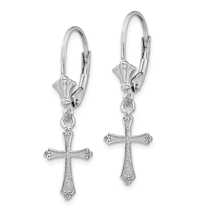 Rhodium Over 14k White Gold Textured Cross Dangle Earrings