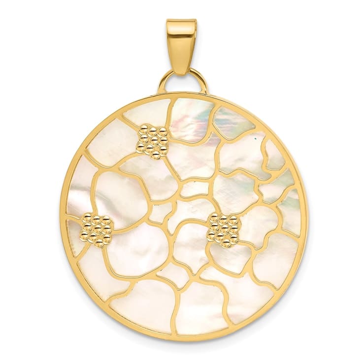 14K Yellow Gold Pink and White MOP Reversible Circle with Flowers Pendant