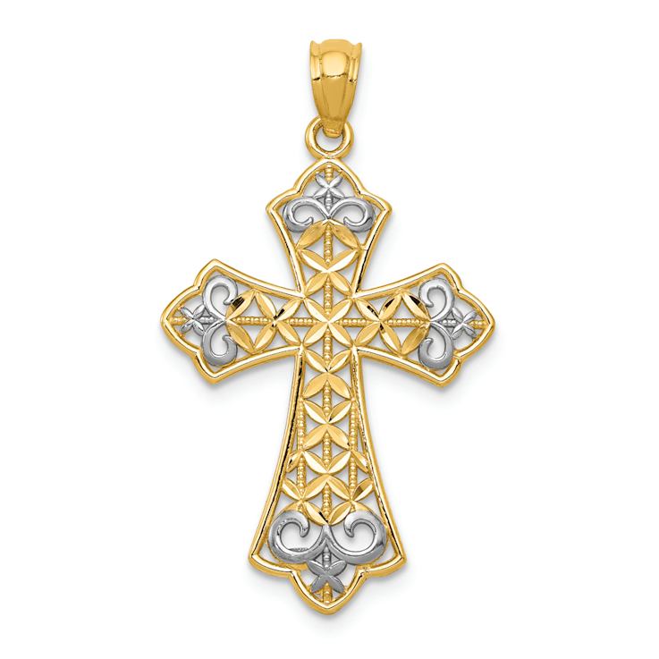 14K Two-tone Gold  Diamond-Cut Polished Filigree Cross Pendant