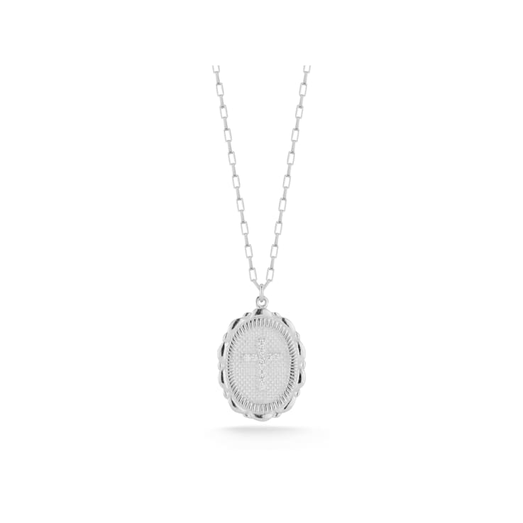 Sterling Statements Rhodium Over Sterling Silver CZ Oval Cross Necklace