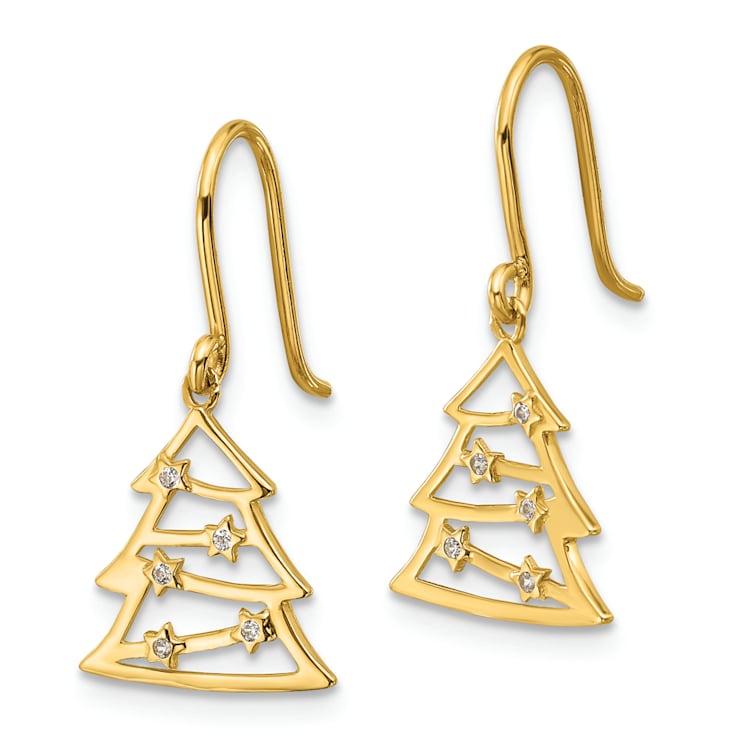 14K Yellow Gold Polished Cubic Zirconia Christmas Tree Shepherd Hook
Dangle Earrings