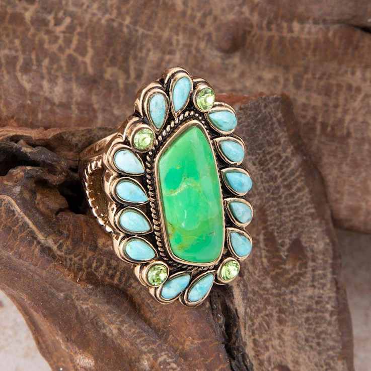 Barse Jewelry Legacy Lime Green and Blue Composite Turquoise Gold Tone
Statement Ring
