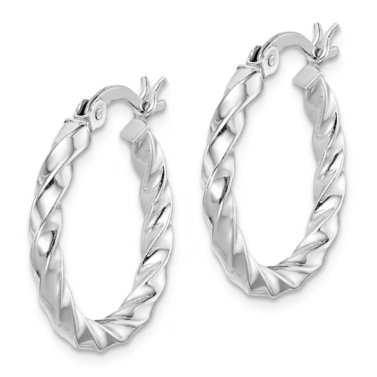 Rhodium Over Sterling Silver Twisted 3x20mm Hoop Earrings