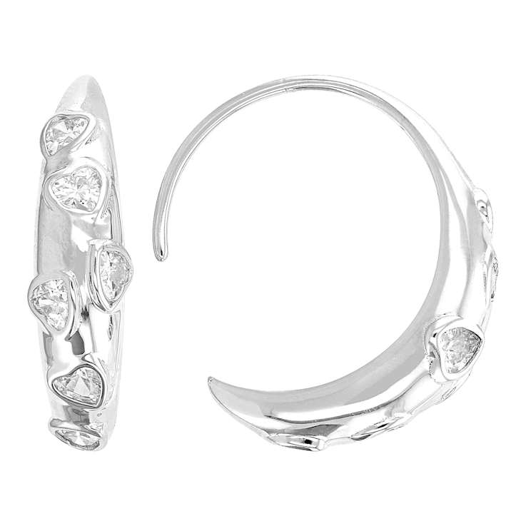 Romantic CZ Heart J-Hoop Earrings In Sterling Silver