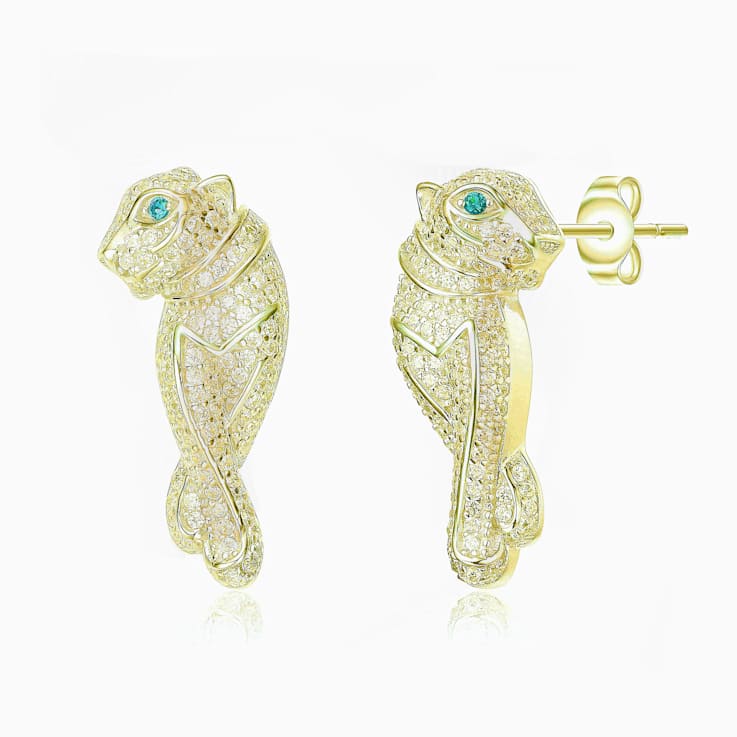 Emerald Color CZ Panther Drop Earrings In 14K Gold Over Brass