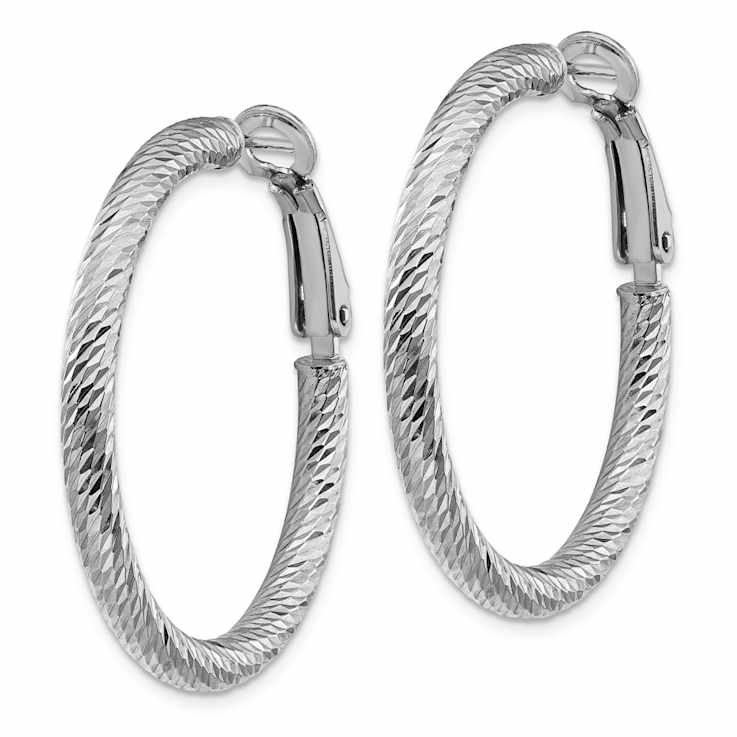 Rhodium Over 14k White Gold Diamond-Cut 1 1/4" Round Hoop Earrings