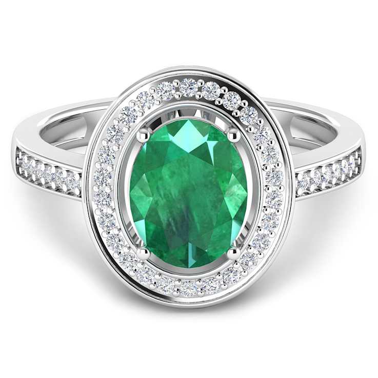 1.75ctw Green Emerald and Diamond 14K White Gold Halo Ring