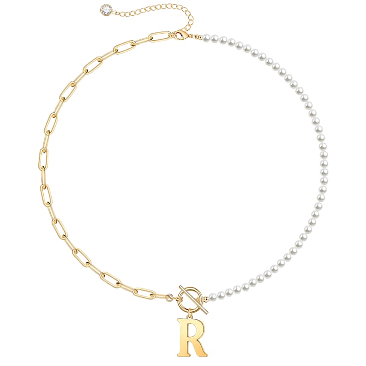 14K Gold Over Brass Initial Pearl Simulant Link Chain Necklace Letter R